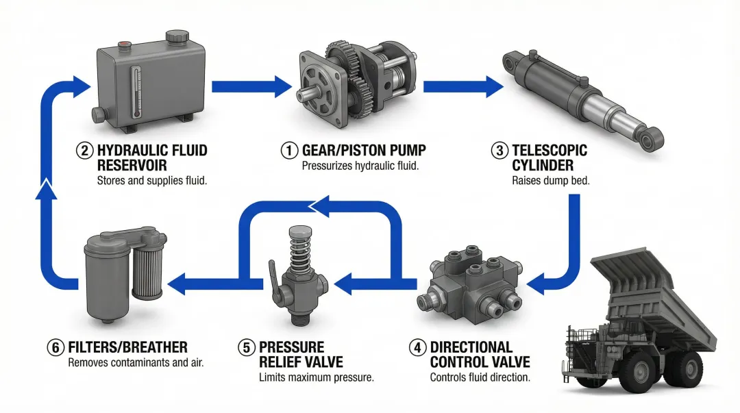 Dump truck hydraulic system components diagram showing pump cylinder and valve connections