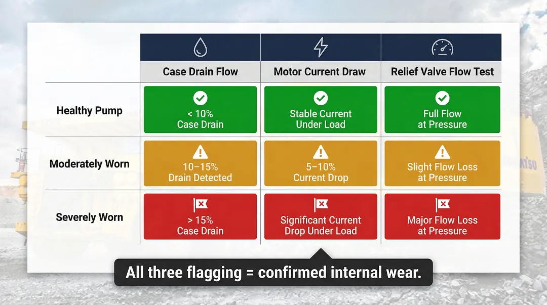 hydraulic pump multi-indicator diagnostic cross-reference framework for wear confirmation