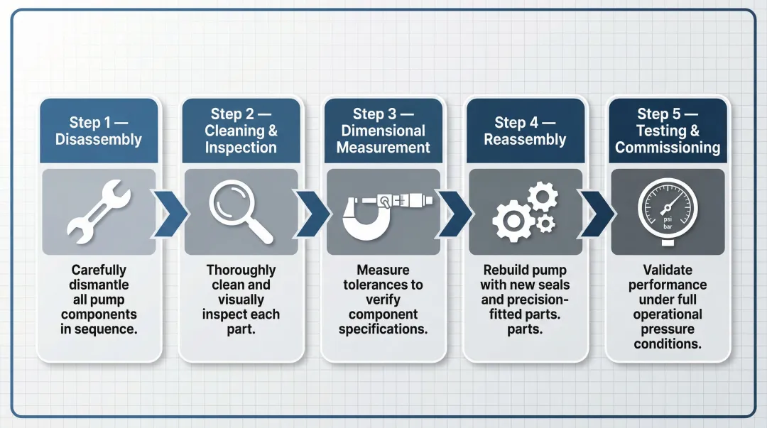 5-step piston pump rebuild process from disassembly to commissioning