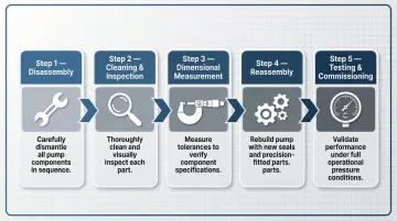 5-step piston pump rebuild process from disassembly to commissioning