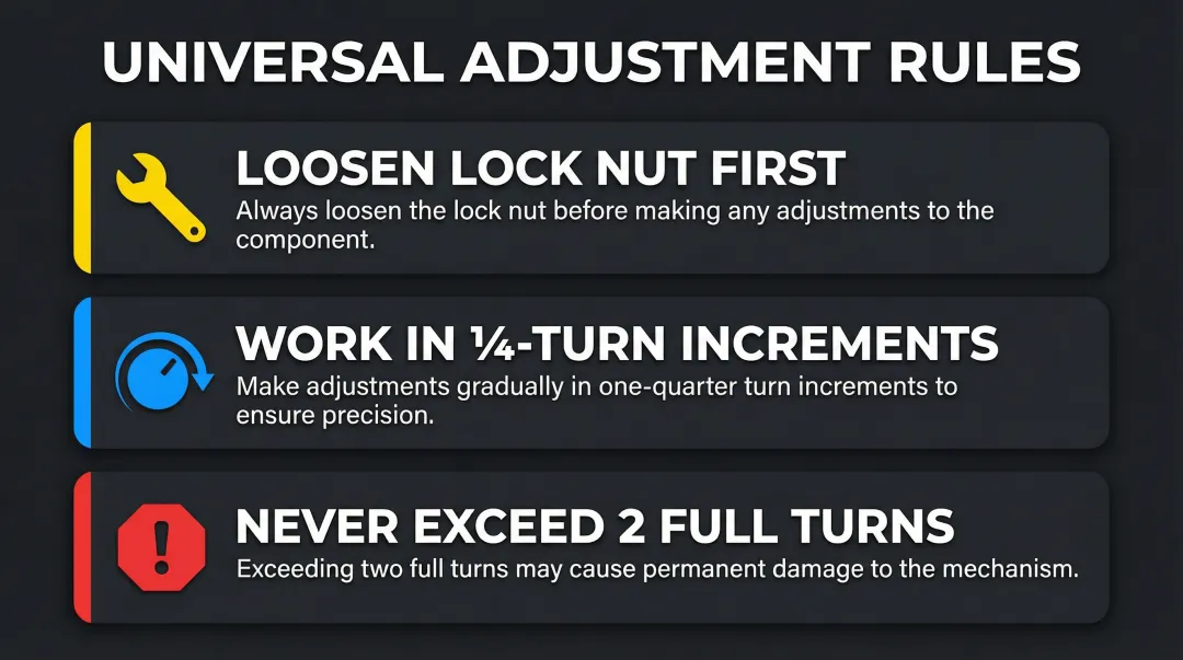 Three universal Kawasaki hydraulic pump adjustment rules safety guidelines infographic