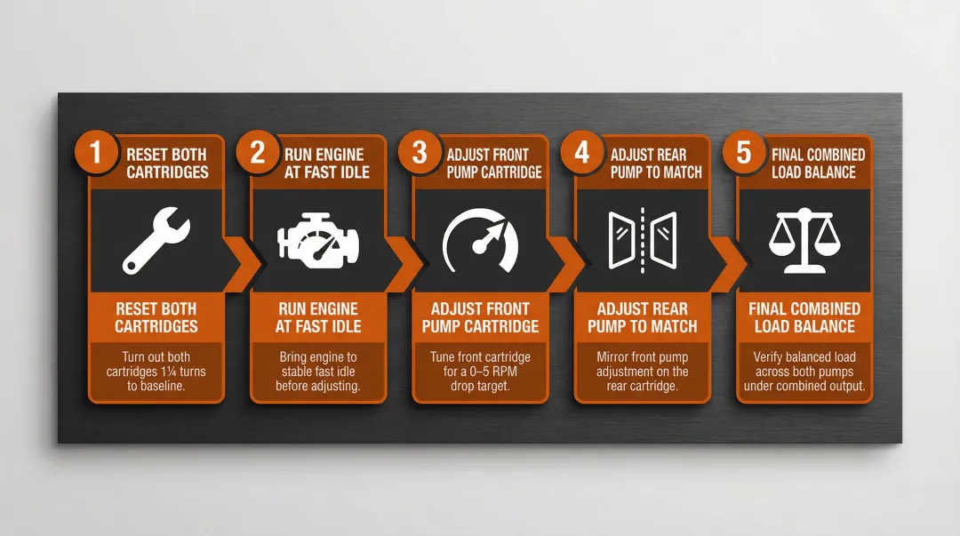 5-step Kawasaki dual-pump regulator adjustment sequence process flow diagram