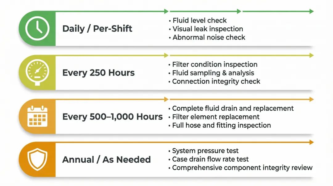 Skid steer hydraulic pump maintenance schedule by service interval and task type