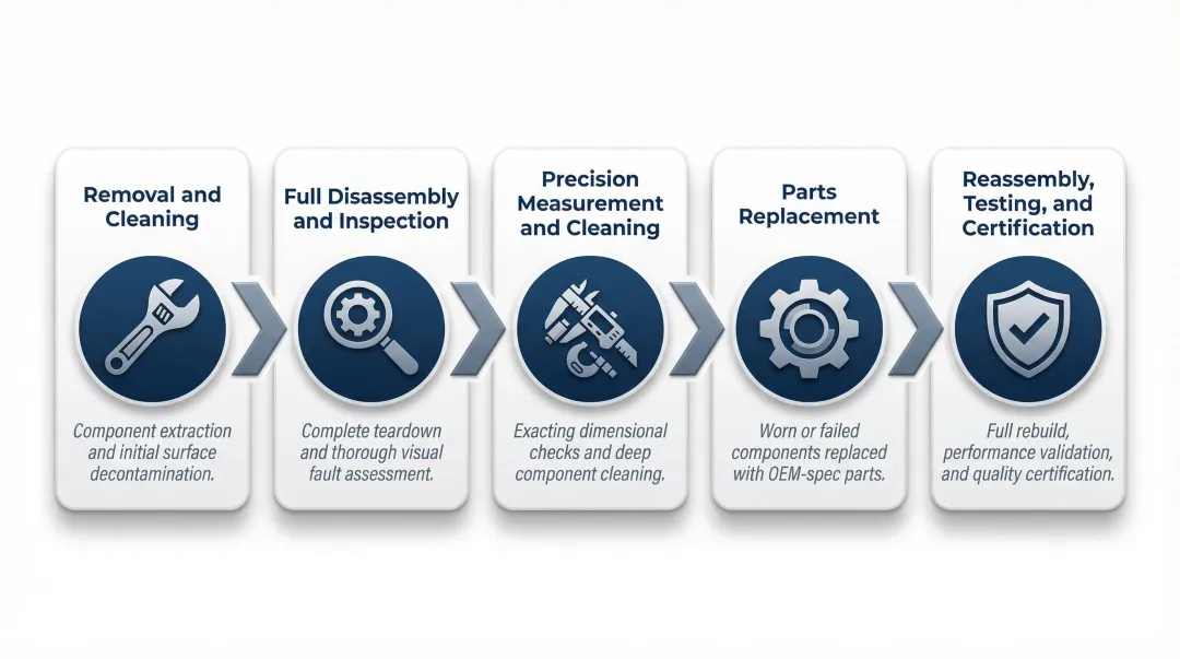 5-step skid steer hydraulic pump rebuild process flow from removal to certification