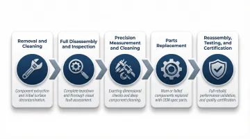 5-step skid steer hydraulic pump rebuild process flow from removal to certification