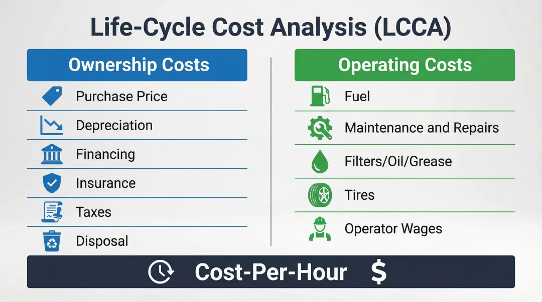 Life-cycle cost analysis ownership versus operating costs comparison framework for heavy equipment