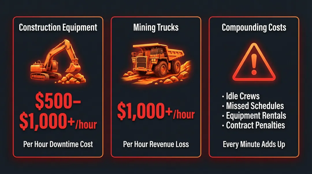 Heavy equipment downtime cost breakdown showing hourly financial losses by machine type