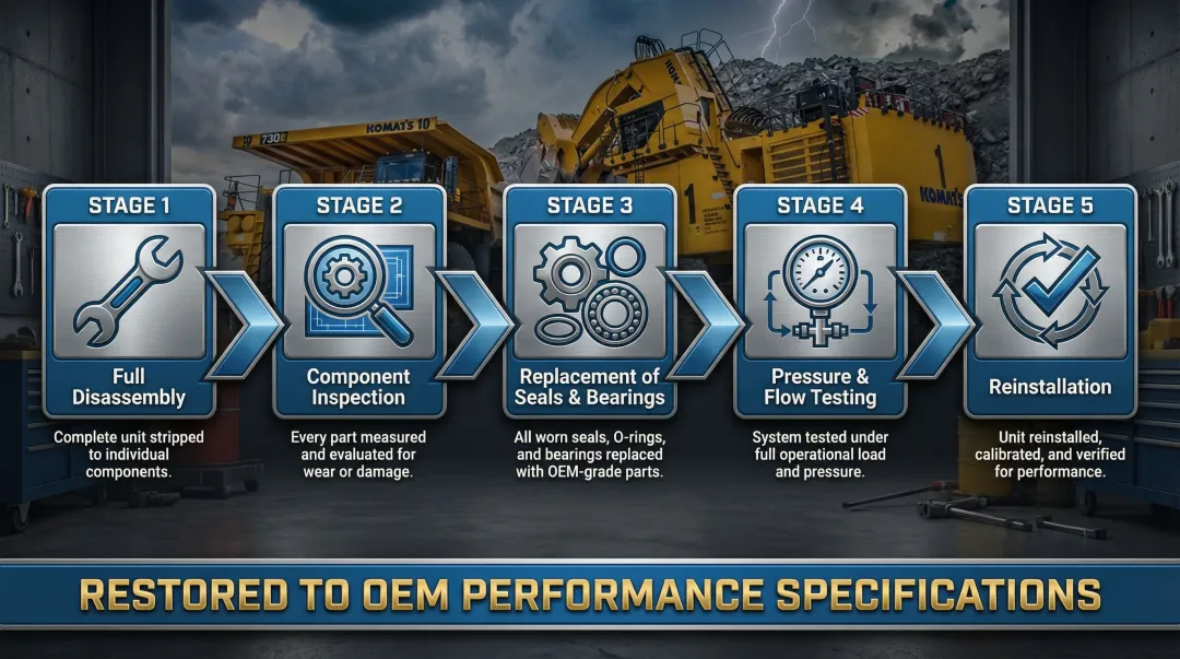 Hydrostatic transmission rebuild process five-step workflow from disassembly to reinstallation