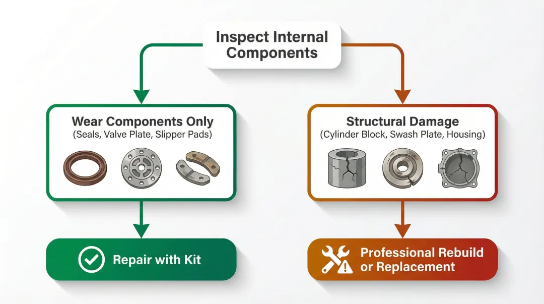 Hydraulic pump internal inspection decision tree wear components versus structural damage