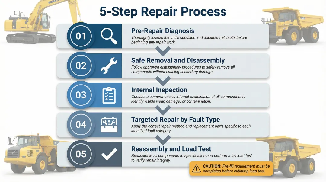 Five-step excavator hydraulic pump repair process from diagnosis to post-repair testing