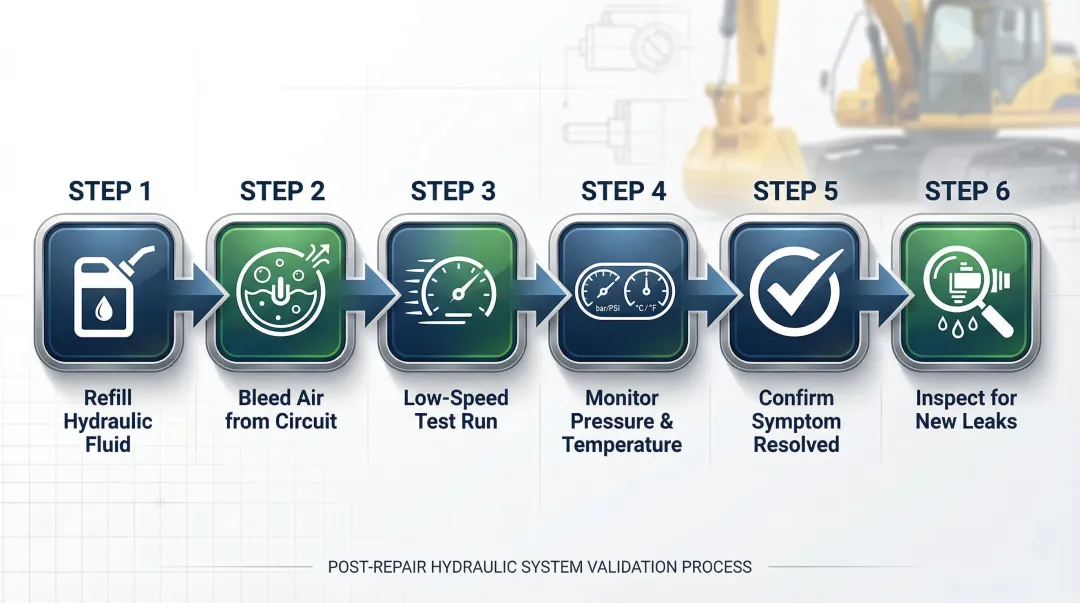 Rogator wheel motor repair reassembly and post-repair testing checklist steps