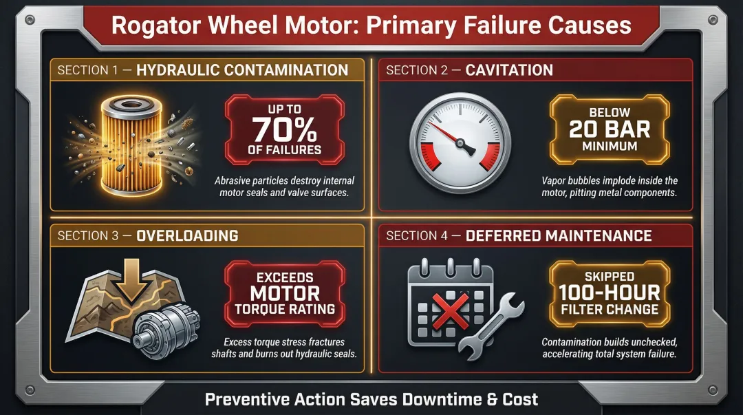 Four root causes of Rogator wheel motor failure with contributing factors