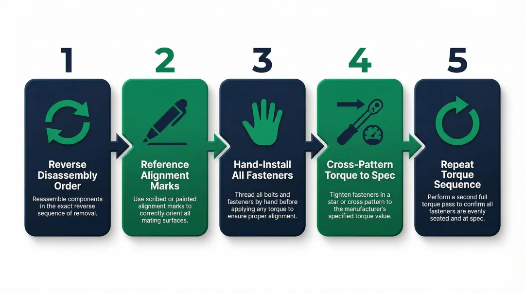 5-step hydraulic motor reassembly torque sequence and orientation checklist