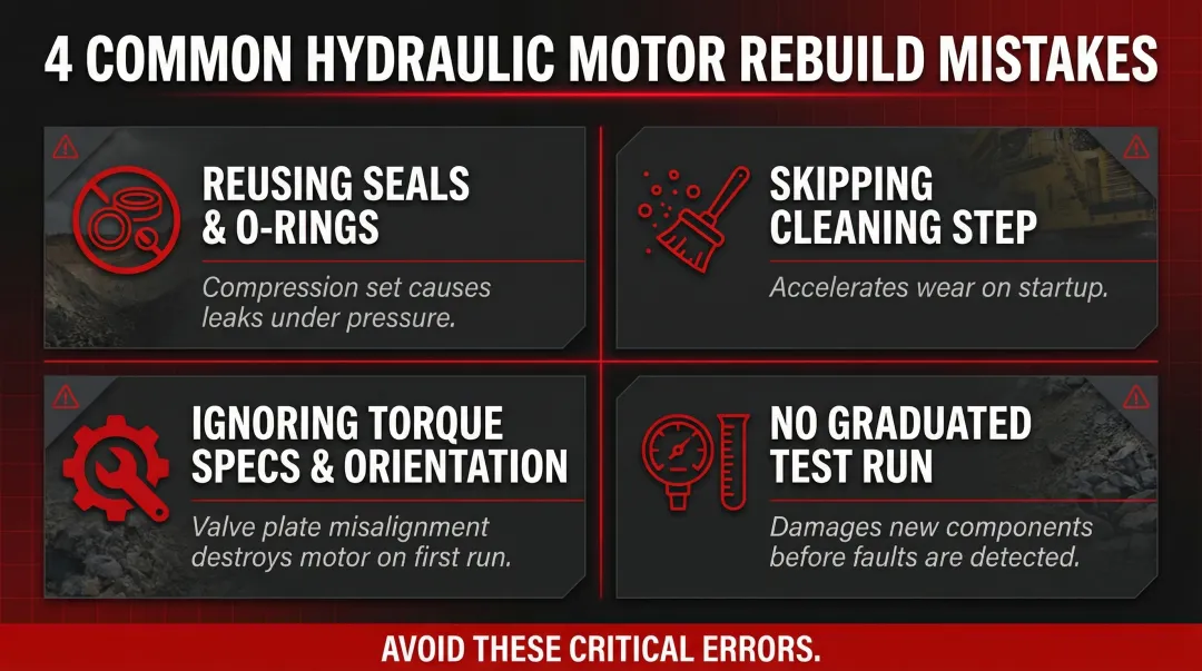 4 common hydraulic motor rebuild mistakes to avoid with warning icons