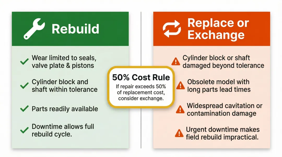 Hydraulic motor rebuild versus replace decision comparison with cost and damage criteria