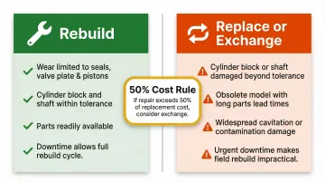 Hydraulic motor rebuild versus replace decision comparison with cost and damage criteria
