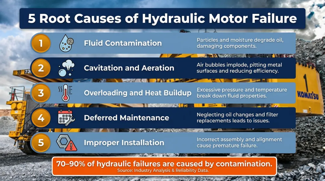 Five root causes of skid steer hydraulic motor failure comparison infographic