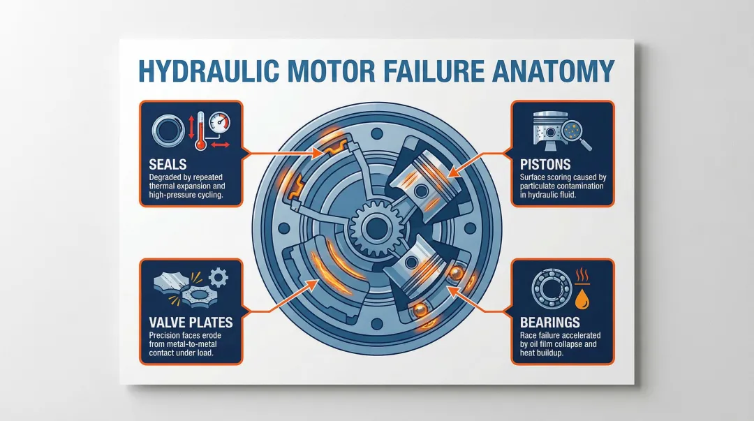 Skid steer hydraulic motor internal components and failure points diagram
