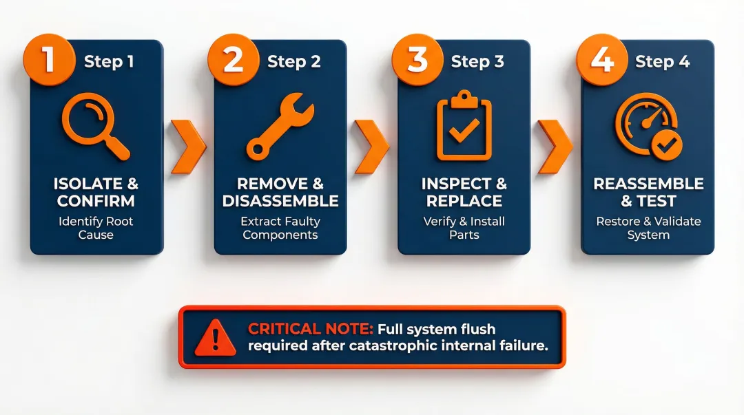 Four-step skid steer hydraulic motor repair process flow infographic