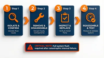 Four-step skid steer hydraulic motor repair process flow infographic