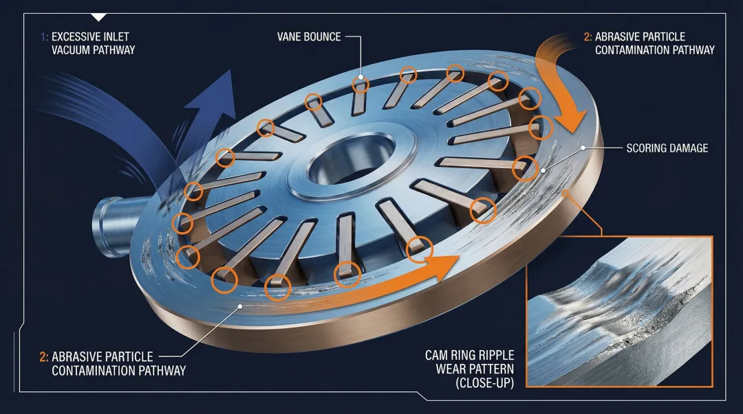 Hydraulic vane pump cam ring ripple wear pattern causes and failure sequence