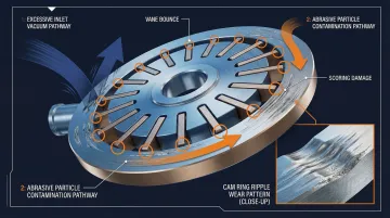 Hydraulic vane pump cam ring ripple wear pattern causes and failure sequence
