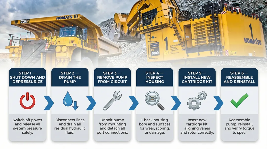 6-step hydraulic vane pump cartridge replacement procedure process flow diagram