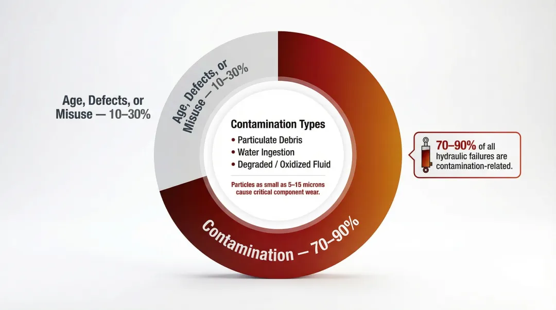 Hydraulic system failure causes breakdown showing contamination versus other factors percentage