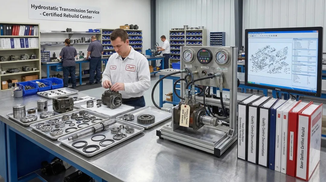 Hydrostatic Transmission Service Sauer Danfoss motor rebuild process and quality testing