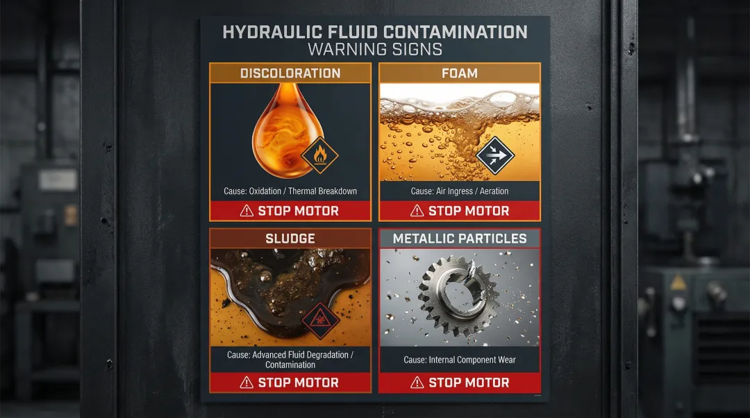 Four hydraulic fluid contamination warning signs requiring immediate motor shutdown