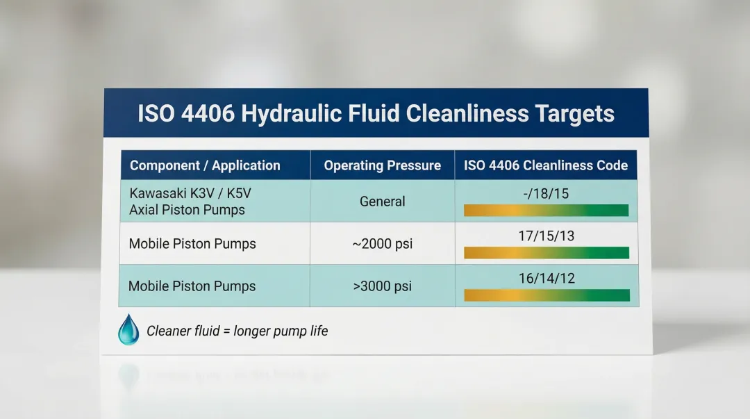 ISO 4406 hydraulic fluid cleanliness targets for Kawasaki piston pump series comparison table
