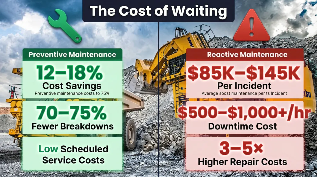 Preventive versus reactive hydraulic maintenance cost savings and breakdown reduction statistics