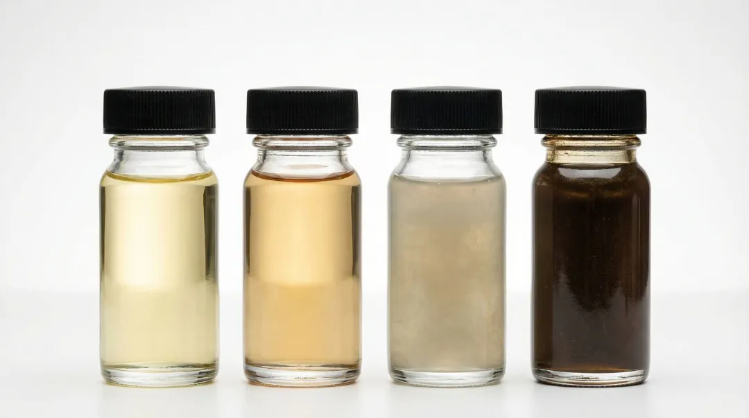 Contaminated hydraulic fluid sample showing dark discoloration and metallic particle contamination