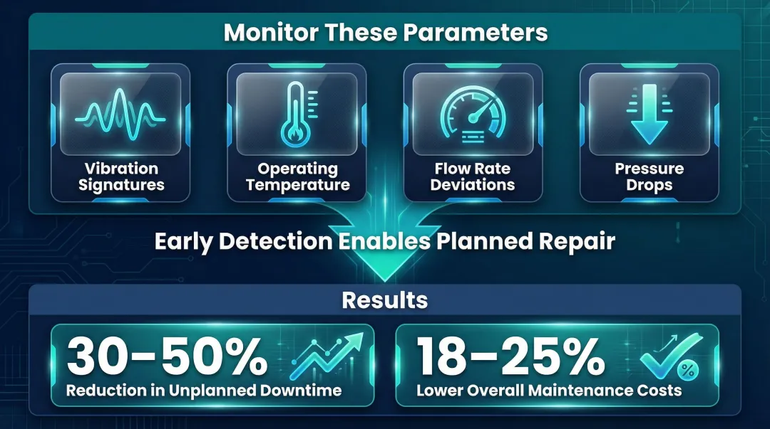 predictive maintenance pump monitoring parameters and downtime reduction results infographic