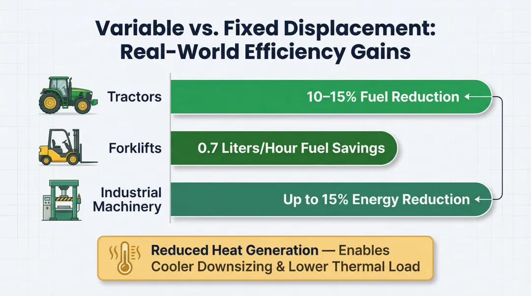 Variable displacement pump energy savings comparison across tractors forklifts and industrial applications