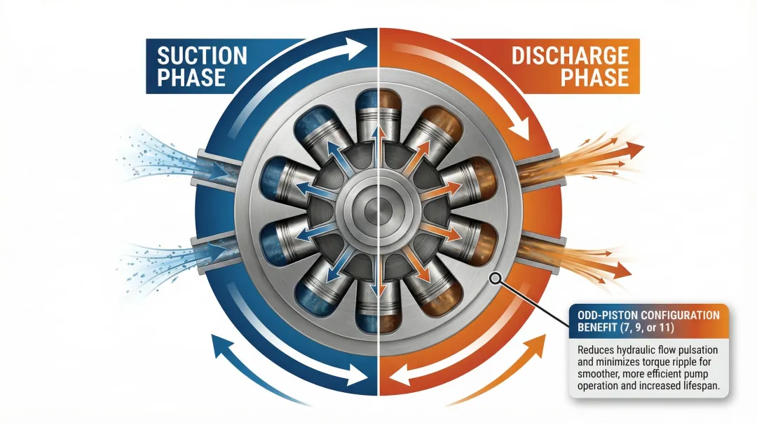 Axial piston pump operating cycle showing suction discharge and odd-piston flow sequence