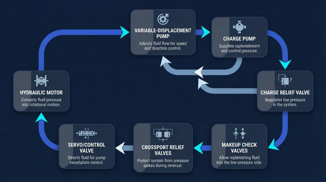 Skid steer hydrostatic drive seven-component system diagram and function overview
