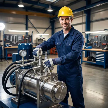 Industrial pump installation and hydrostatic repair technician servicing heavy-duty equipment