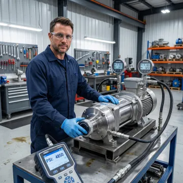 Hydrostatic pump rebuild process with technician calibrating and testing industrial drive unit