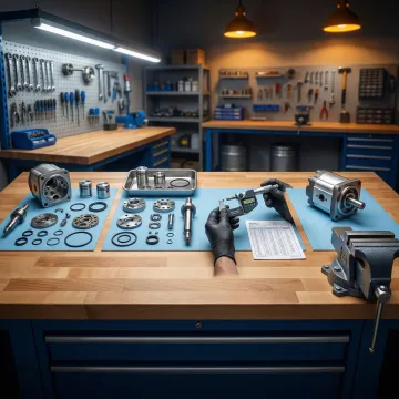 Step-by-step hydraulic pump rebuild process in a professional workshop