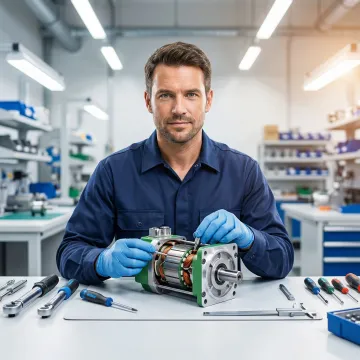 Technician repairing a Bosch Rexroth servo motor in a professional workshop