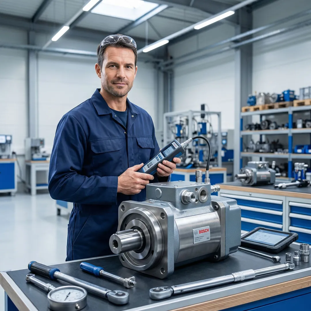 Technician performing quality testing on a rebuilt Rexroth hydraulic motor