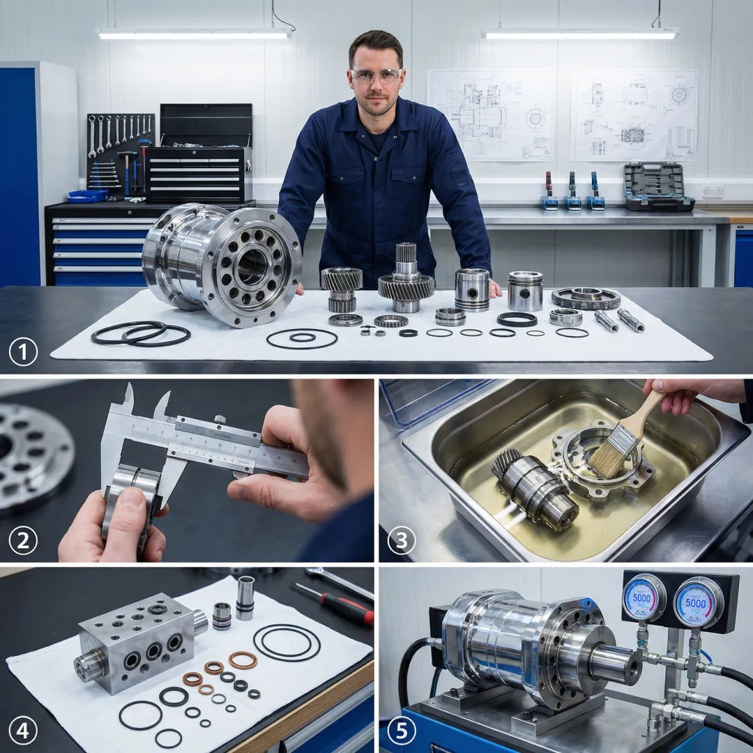 Step-by-step hydraulic motor rebuild process in a professional hydraulic repair facility