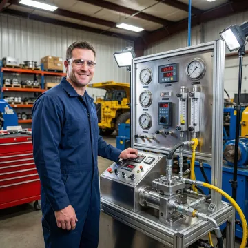 Technician testing a rebuilt hydraulic motor on a precision testing apparatus in a workshop