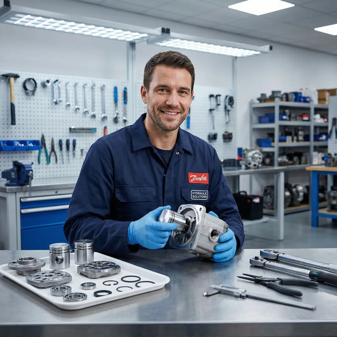 Technician rebuilding a Danfoss hydrostatic drive pump in a professional repair facility