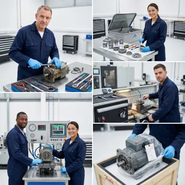 Step-by-step Danfoss hydrostatic drive rebuild process in a professional repair workshop