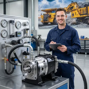 Rebuilt hydraulic pump tested to manufacturer specifications on a test bench