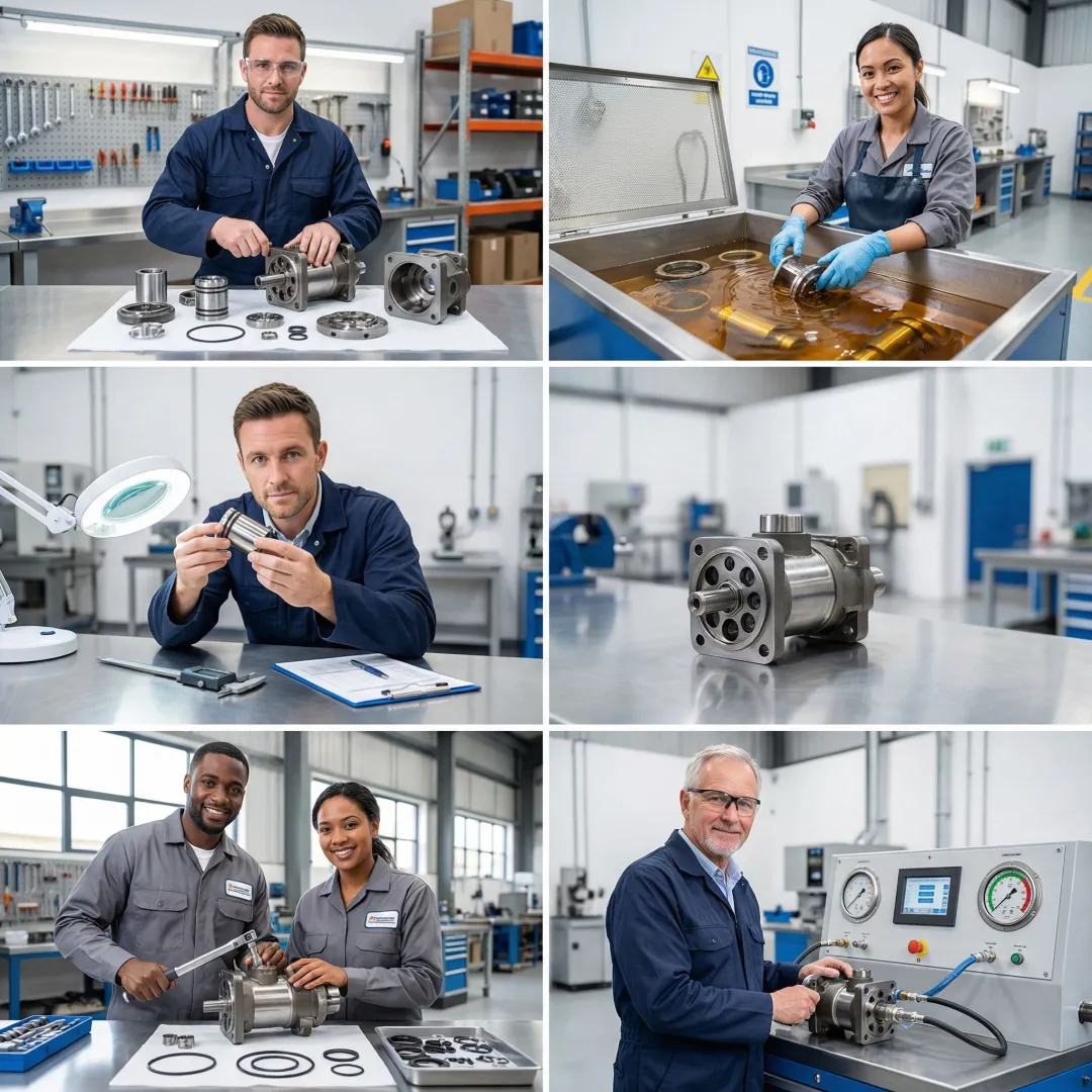Step-by-step hydrostatic pump rebuild process in an industrial facility