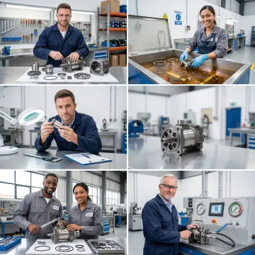 Step-by-step hydrostatic pump rebuild process in an industrial facility