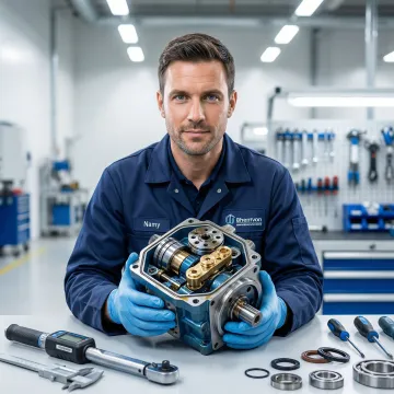 Technician inspecting a hydrostatic transmission pump during a diagnostic repair procedure